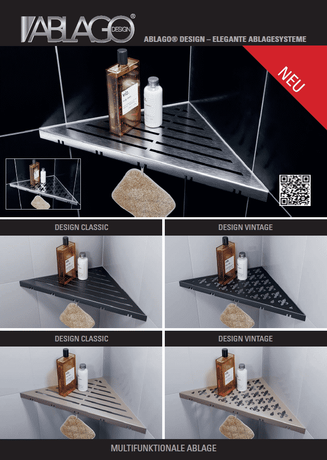 ABLAGO Design-Duschablage aus Edelstahl-Befliesbare Duschablage-Duschablage mit Haken-Classic-Vintage